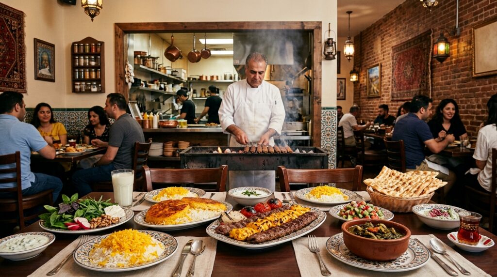 Hatam family owned Persian restaurant since 1993 kitchen staff preparing kebab