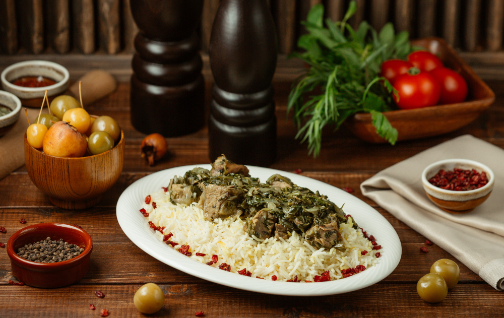 Traditional Persian stews and rice dishes with saffron rice, herbs and Persian tahdig